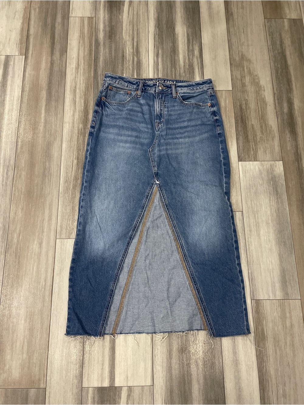 American Eagle Distressed Low rise maxi Blue Straight-Leg Denim Skirt-Slit